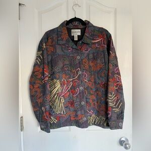 CHICO'S Floral Soutache Crewel Embroidered Denim Jacket Size 2 Large Cotton